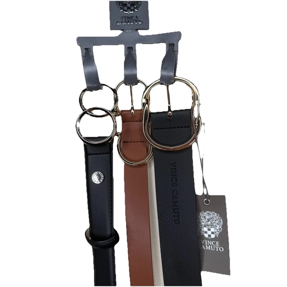 NWT Vince Camuto Womens Belt Set 3-Pack Black Cognac Gold Silver Buckle Size M